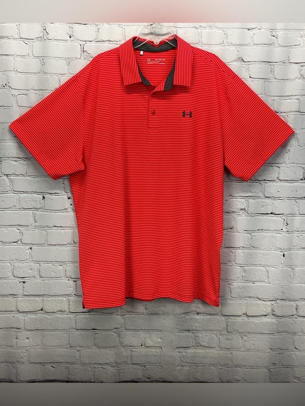 Under Armour Golf Polo Men's Size 3XL Neon Orange Striped Heat Gear Athleisure